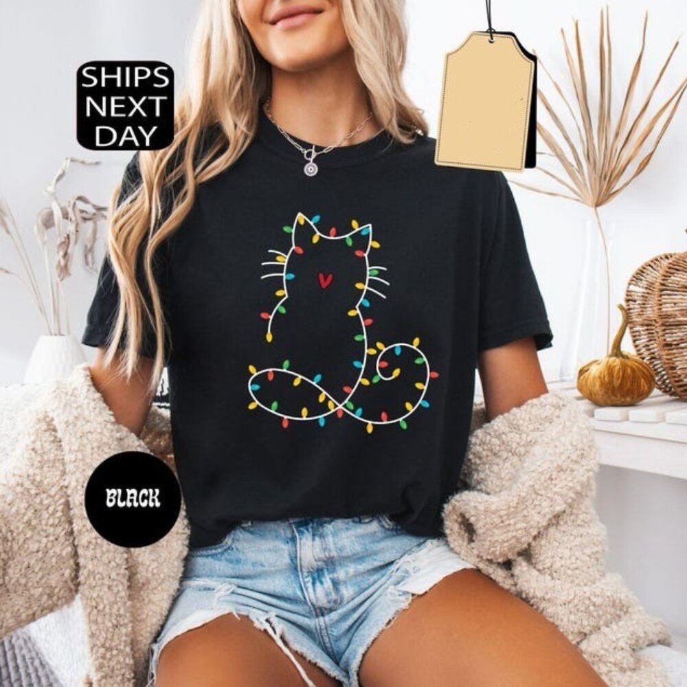 Cute Cat Christmas Lights Shirt, Christmas Cat Graphic Tee